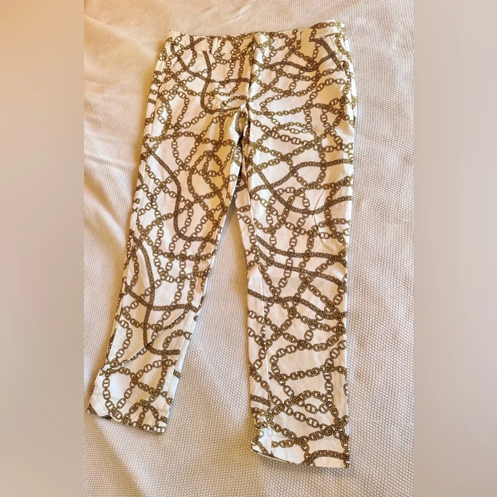 MICHAEL KORS Stretchy White & Gold Chain Print Skinny Pants